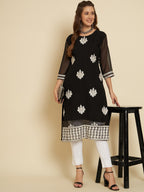 HERE&NOW Black & White Ethnic Motifs Chikankari Embroidered Georgette Kurta