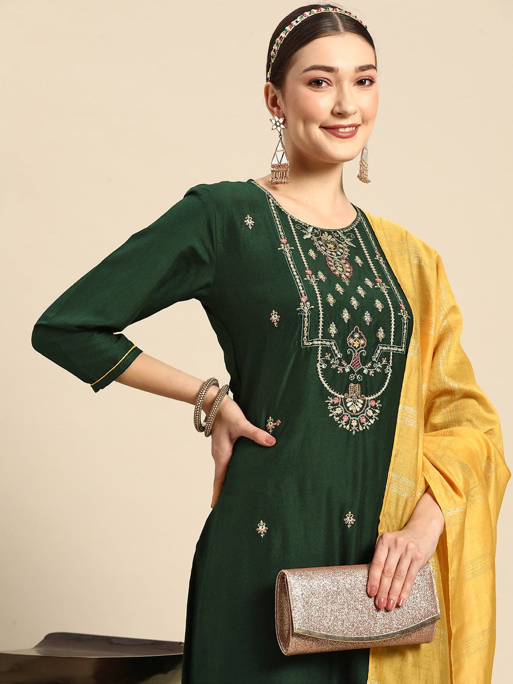 Sangria Women Green Ethnic Motifs Embroidered Pure Cotton Kurta with Trousers & With Dupatta