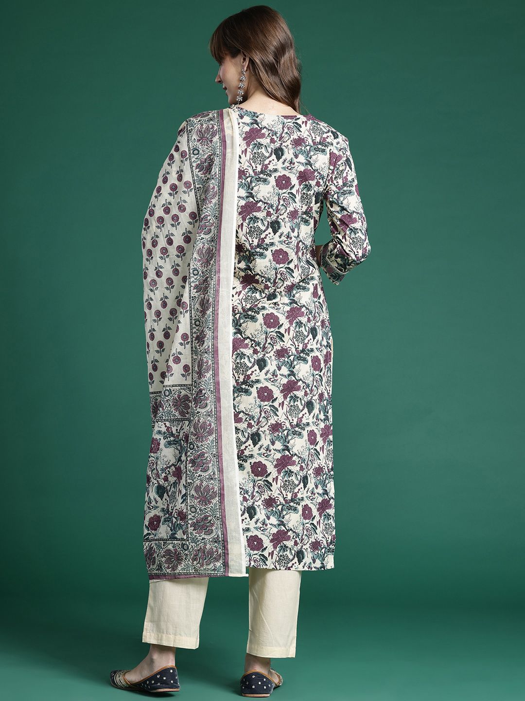 Indo Era Floral Printed Regular Pure Cotton Kurta with Trousers & Dupatta - Distacart