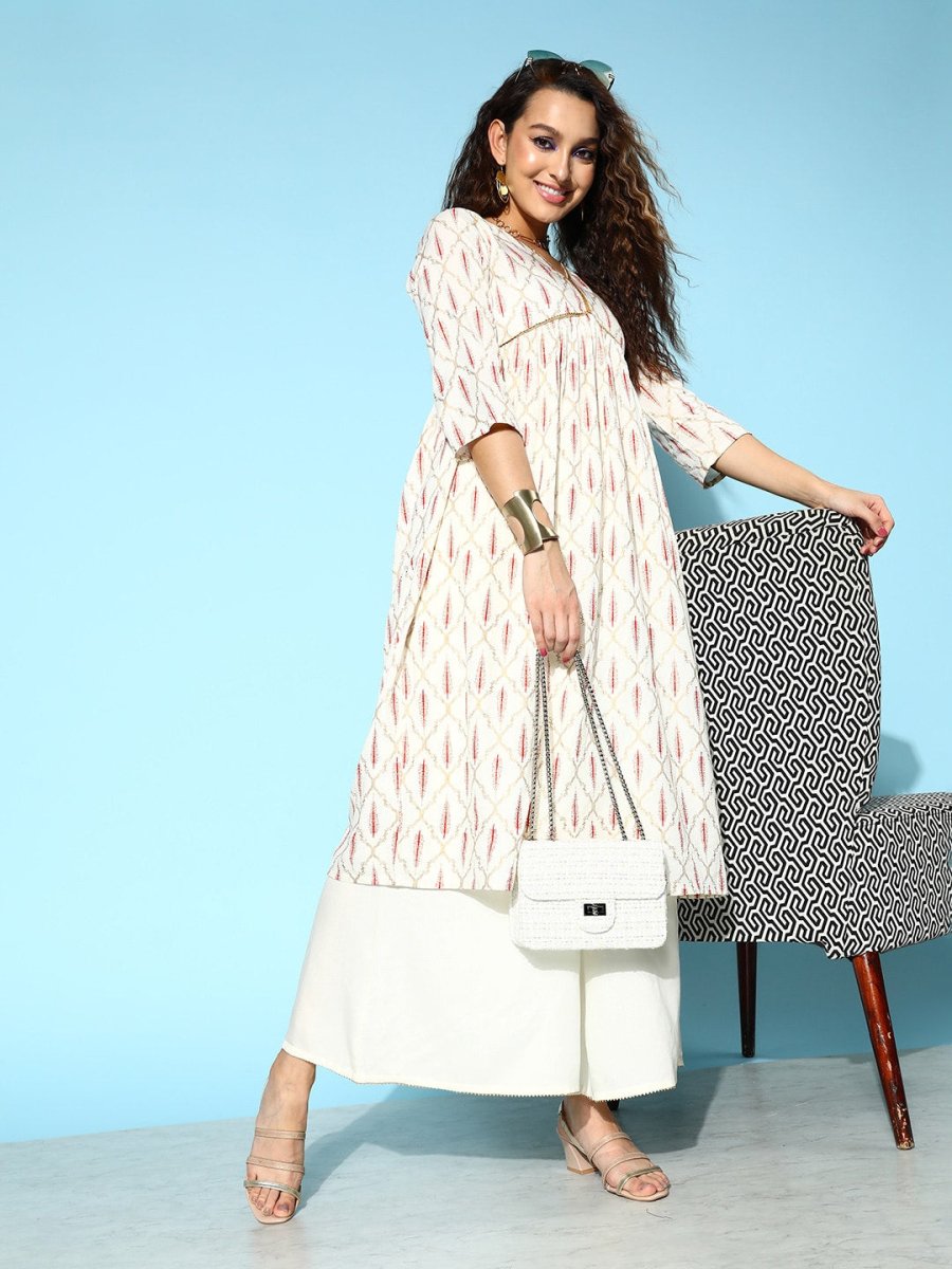 All About You Onyx White & Red Ethnic Motifs Printed Veere Di Wedding Kurta with Palazzos