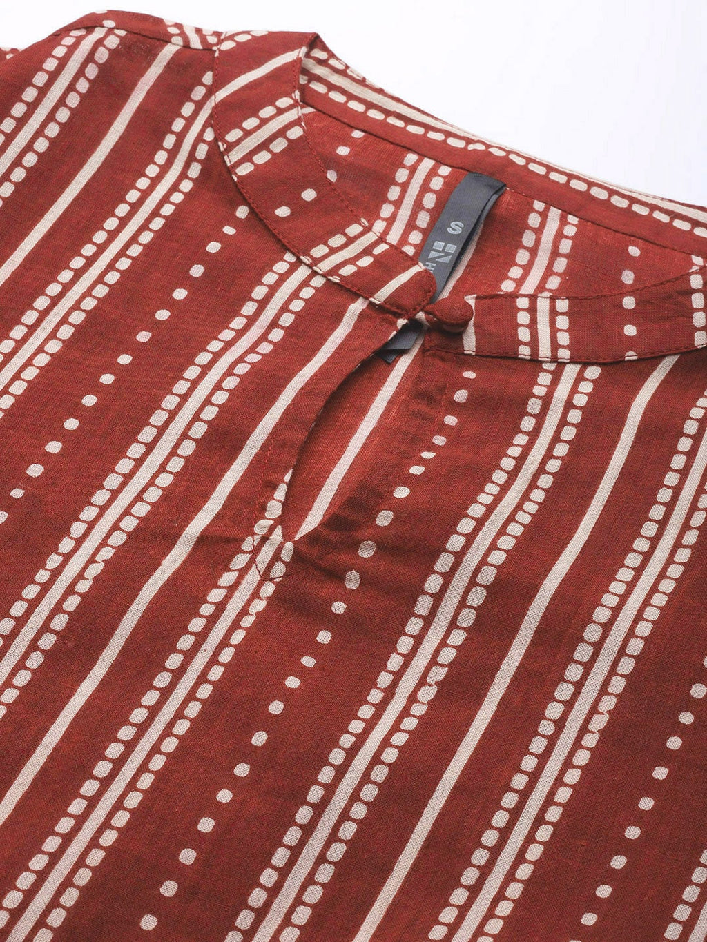 HERE&NOW Women Rust Red & Off-White Pure Cotton Striped Keyhole Neck Straight Kurta