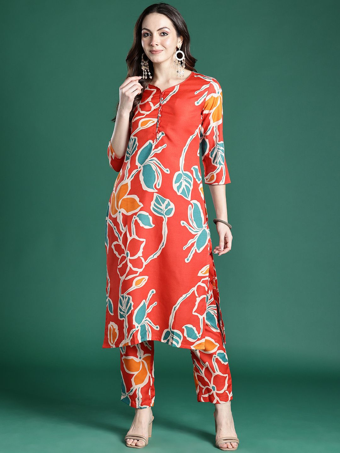 Indo Era Floral Printed Regular Pure Cotton Kurta with Trousers - Distacart