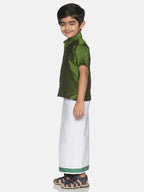Sethukrishna Boys Olive Green & White Solid Shirt and Veshti Set