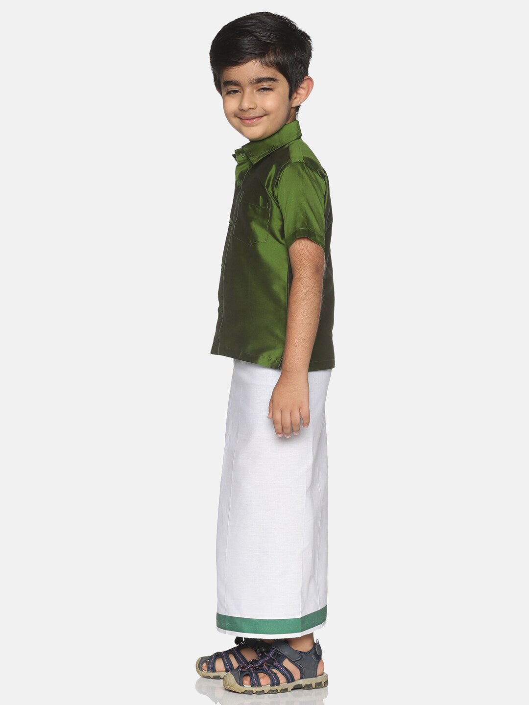 Sethukrishna Boys Olive Green & White Solid Shirt and Veshti Set