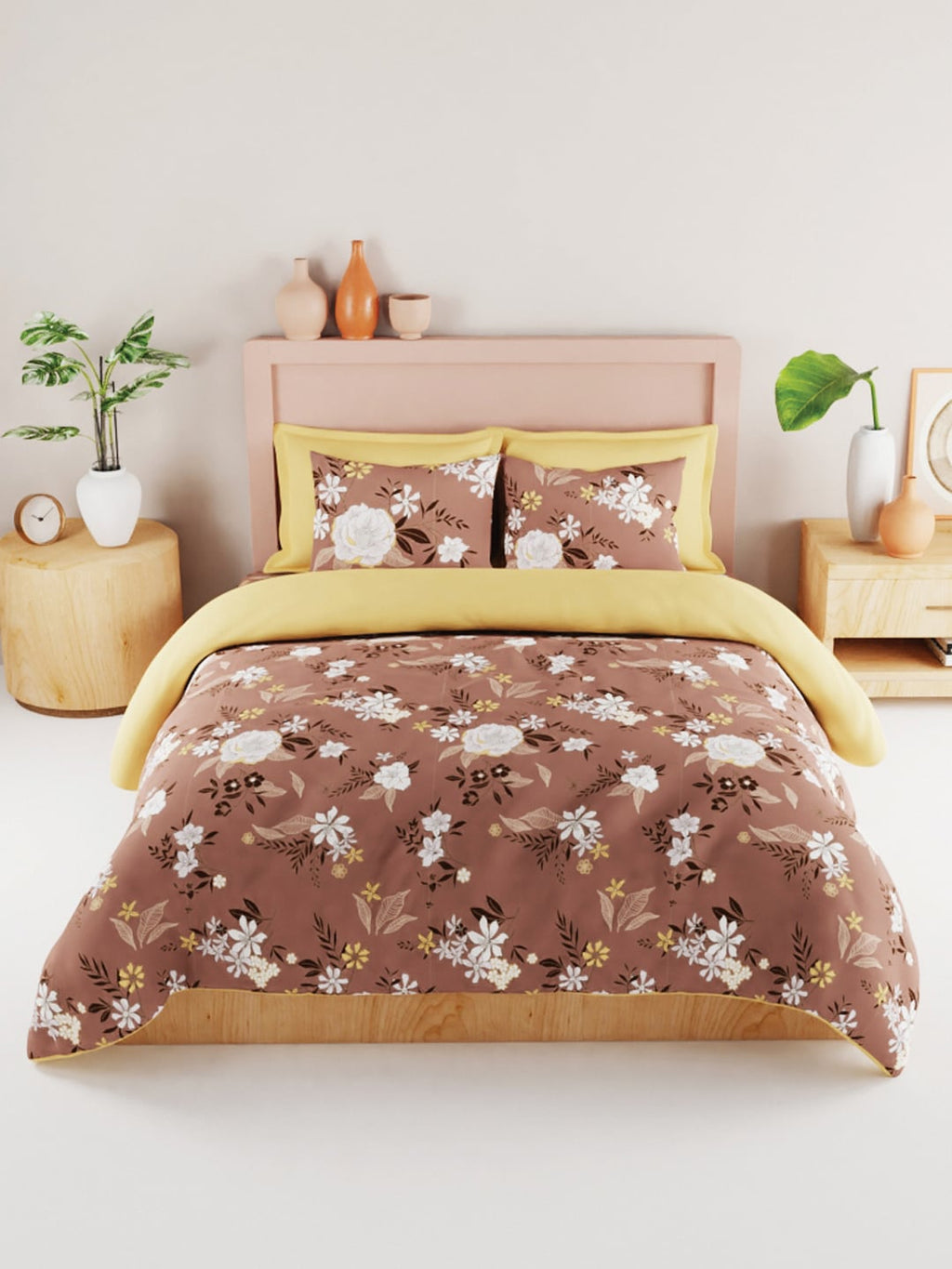 BIANCA Brown & White Floral 186 TC King Bedsheet with 2 Pillow Covers