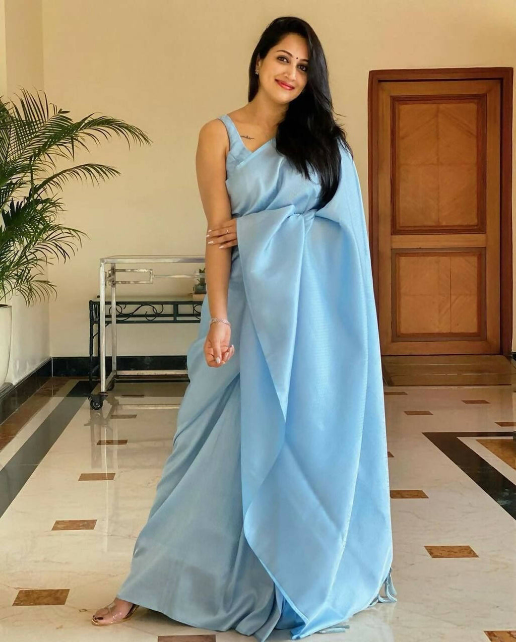 DEIANA'S Beautiful Designer Golden zari Soft Lichi Silk Saree - Sky