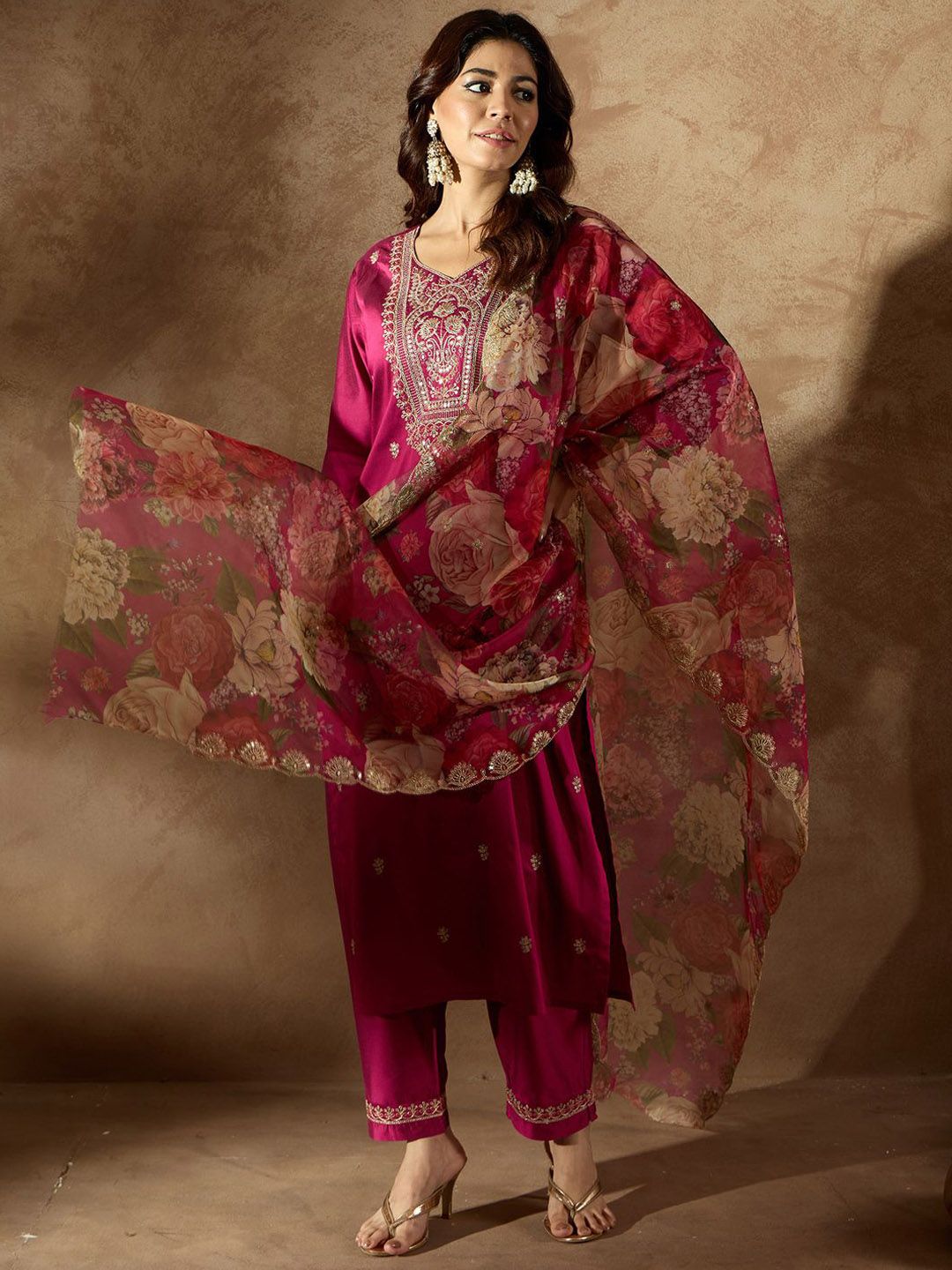 Indo Era Women Floral Embroidered Regular Kurta with Trousers & With Dupatta - Distacart