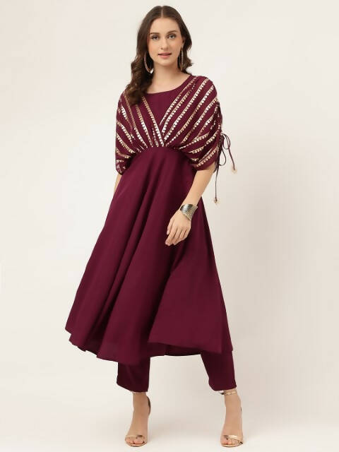 FIORRA Women's Wine Poly Crepe A-Line Kurta Set