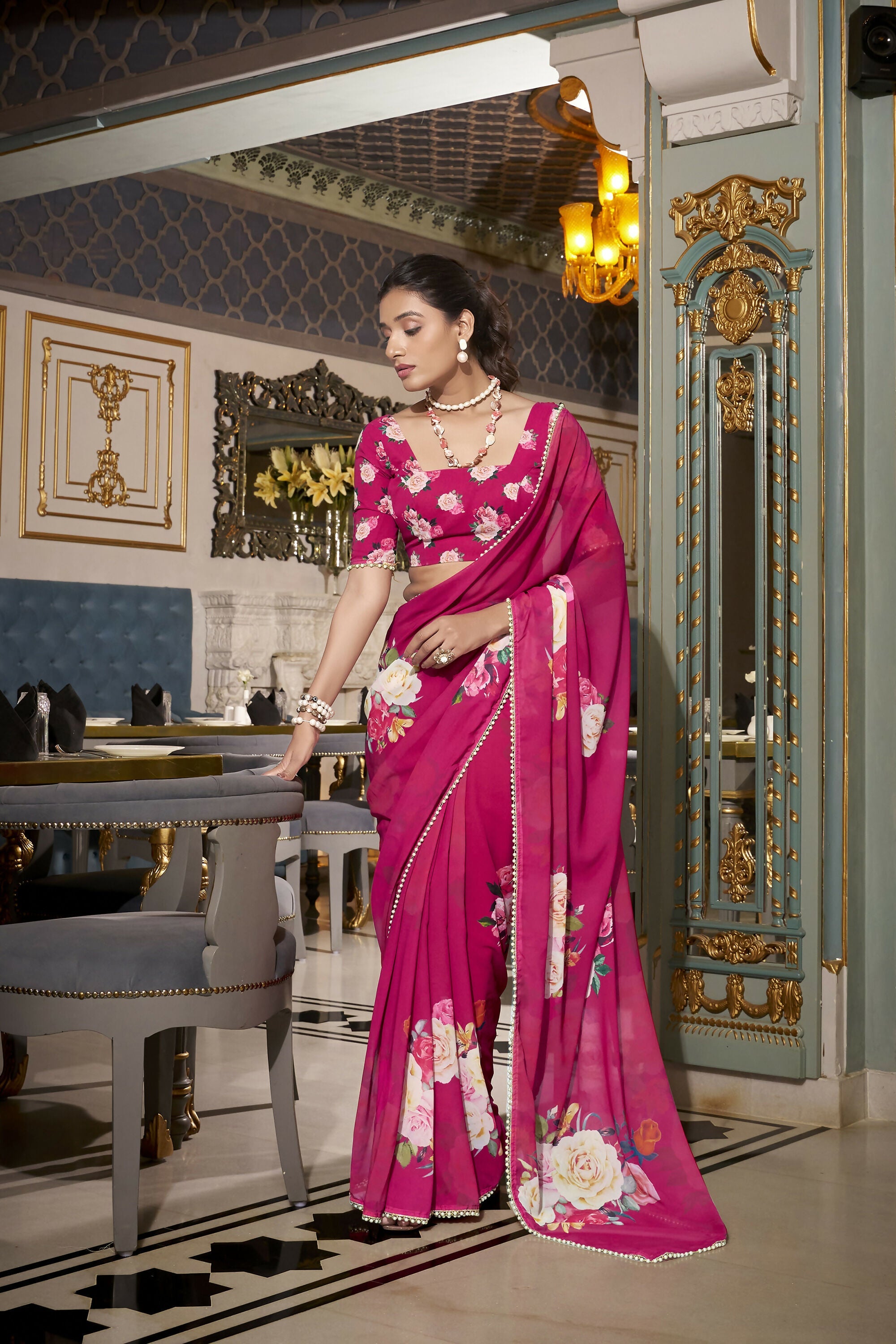 Vastranavya Pink Spectacular Georgette Printed with Pearl Lace Saree with Unstitched Blouse - Distacart