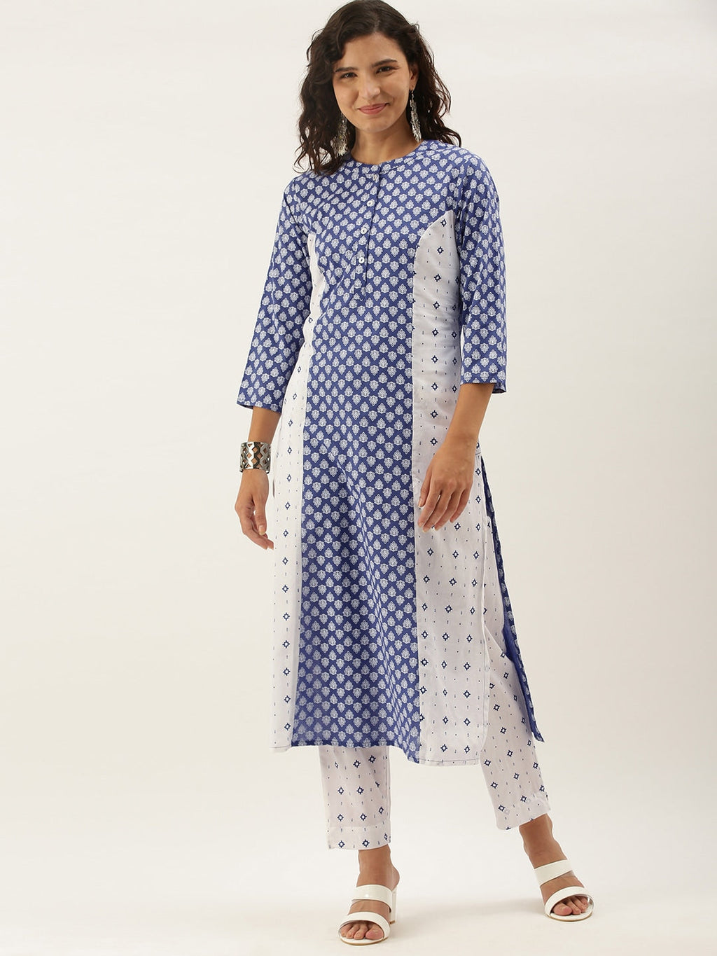 Sangria Women White Ethnic Motifs Printed Panelled Pure Cotton Kurta with Trousers