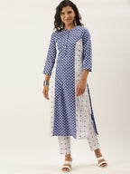 Sangria Women White Ethnic Motifs Printed Panelled Pure Cotton Kurta with Trousers