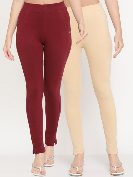 TAG 7 Women Beige & Maroon Pack of 2 Straight Fit Ankle-Length Leggings