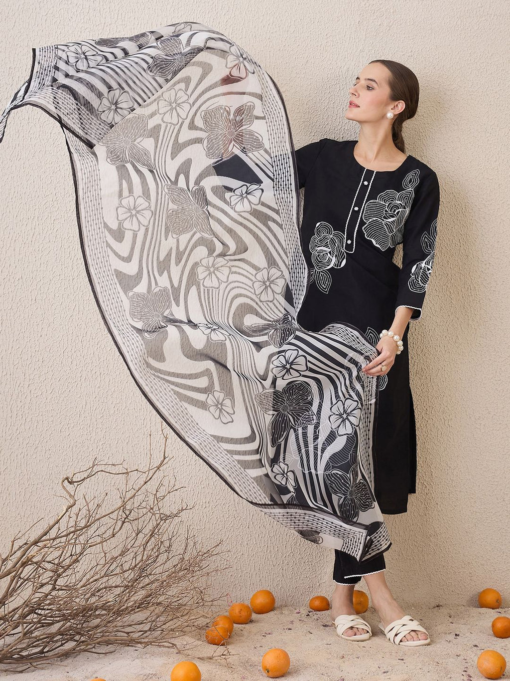 Indo Era Floral Embroidered Round Neck Sequinned Linen Kurta With Trousers & Dupatta - Distacart
