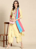 Sangria Women Floral Printed Regular Chanderi Cotton Kurta with Palazzos & With Dupatta