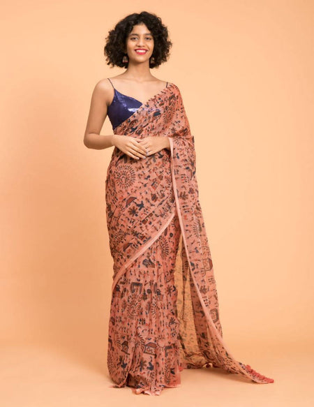 Suta Peach Blue Warli Printed Pure Cotton Saree