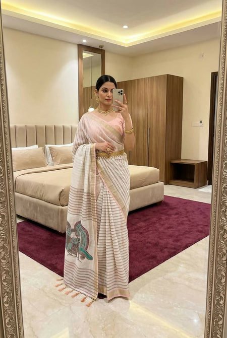 Vastranavya Peach Linen Cotton Meenakari Weaving Pallu Saree with Contrast Blouse