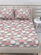 DREAM WEAVERZ Silver & Pink Pure Cotton Floral Queen Bedsheet with 2 Pillow Covers