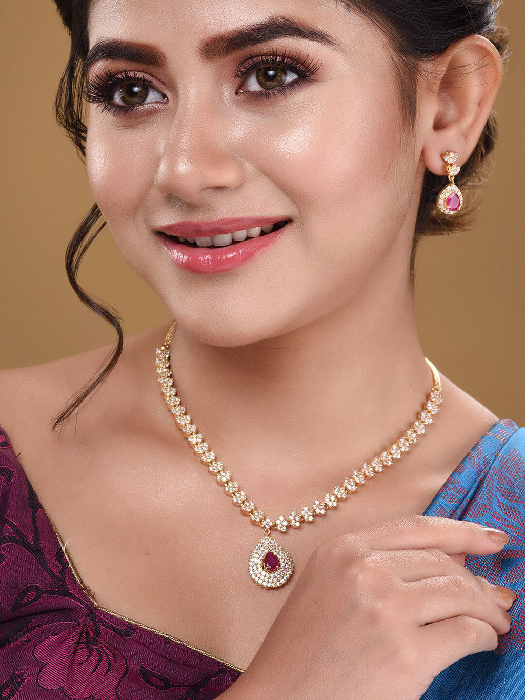 Saraf RS Jewellery Gold-Plated White & Red American Diamond Studded & Beaded Handcrafted Jewellery Set - Distacart
