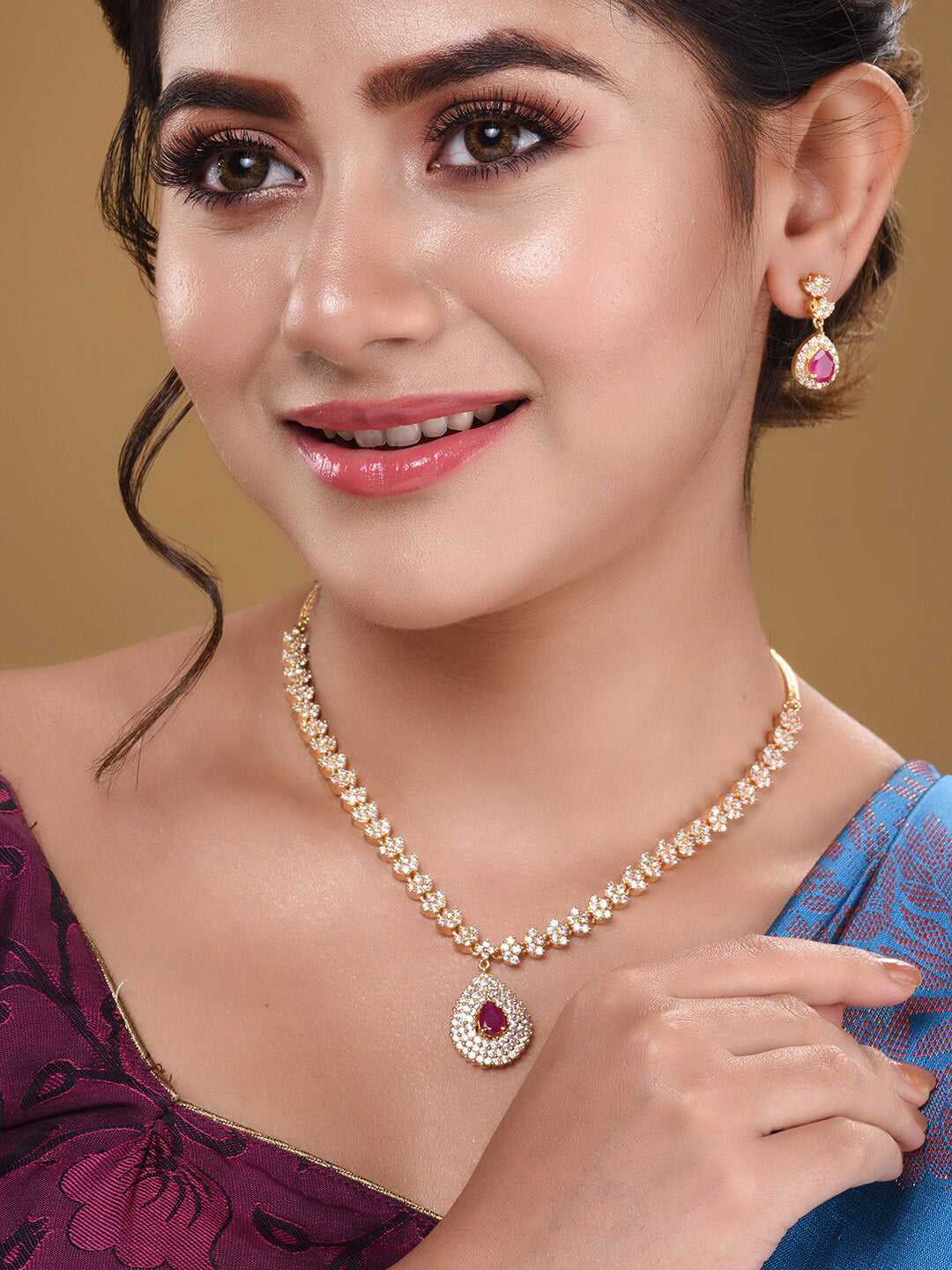 Saraf RS Jewellery Gold-Plated White & Red American Diamond Studded & Beaded Handcrafted Jewellery Set - Distacart