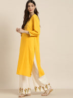 All About You Women Yellow & Beige Embroidered Kurta with Palazzos