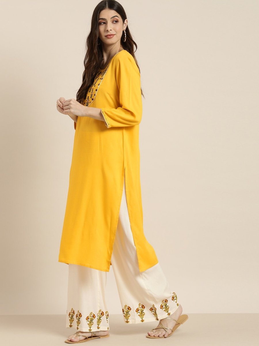 All About You Women Yellow & Beige Embroidered Kurta with Palazzos