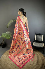 Joban Fashion Reddish Pink Peacocks Flowers & Leaves Soft Silk Paithani Saree - Distacart