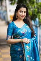 Blue Pure Silk Woven Design Saree with Unstitched Blouse - A2M