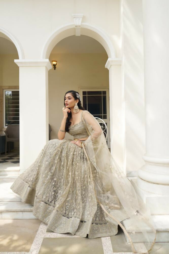 Aastha Fashion Ivory Butterfly Net Tone To Tone Cotton Thread Work And Sequence Work Embroidery Wedding Wear Lehenga Choli
