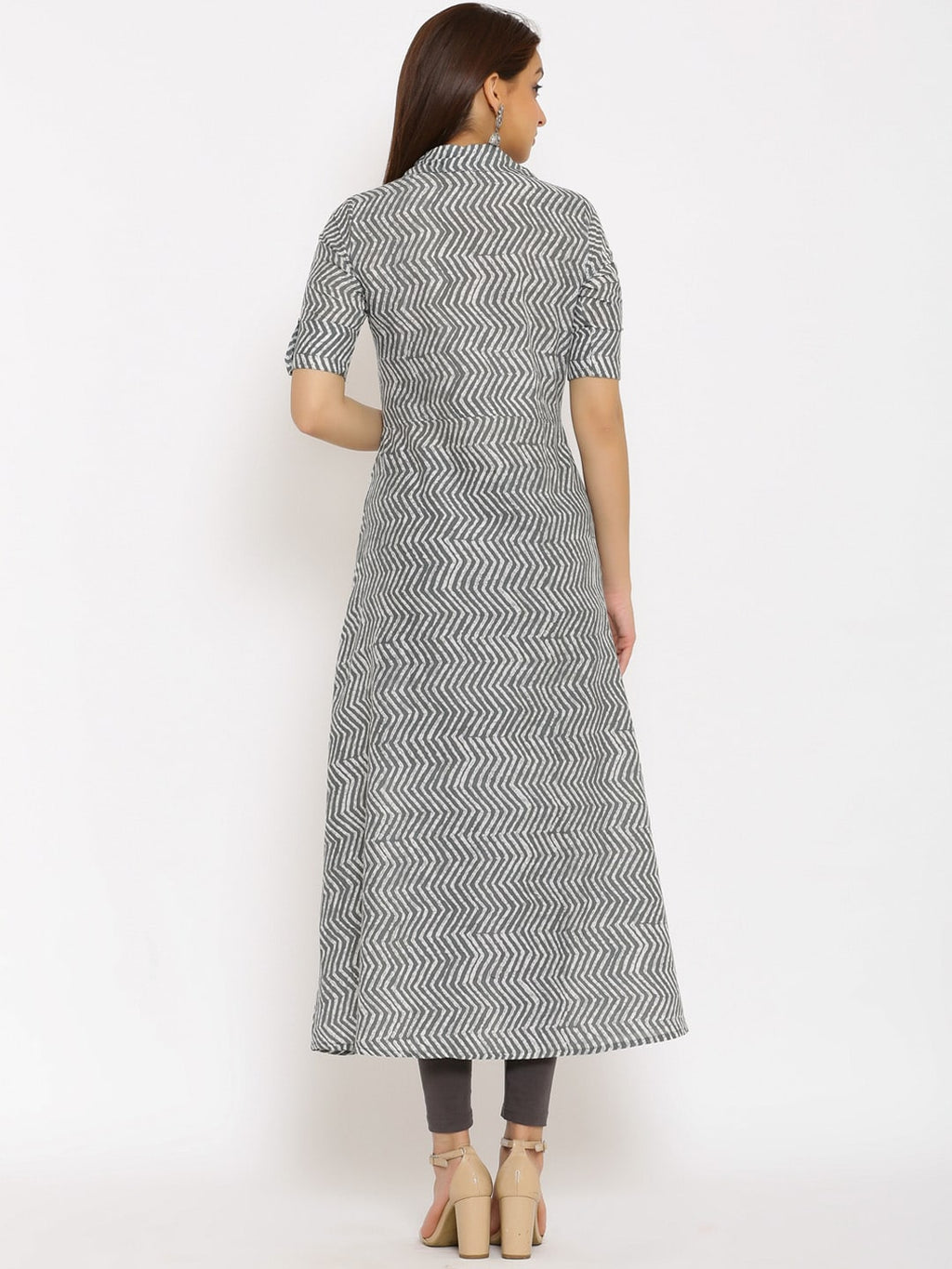 HERE&NOW Grey Shirt Collar Chevron Printed Roll Up Sleeves A-Line Kurta