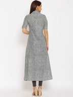 HERE&NOW Grey Shirt Collar Chevron Printed Roll Up Sleeves A-Line Kurta
