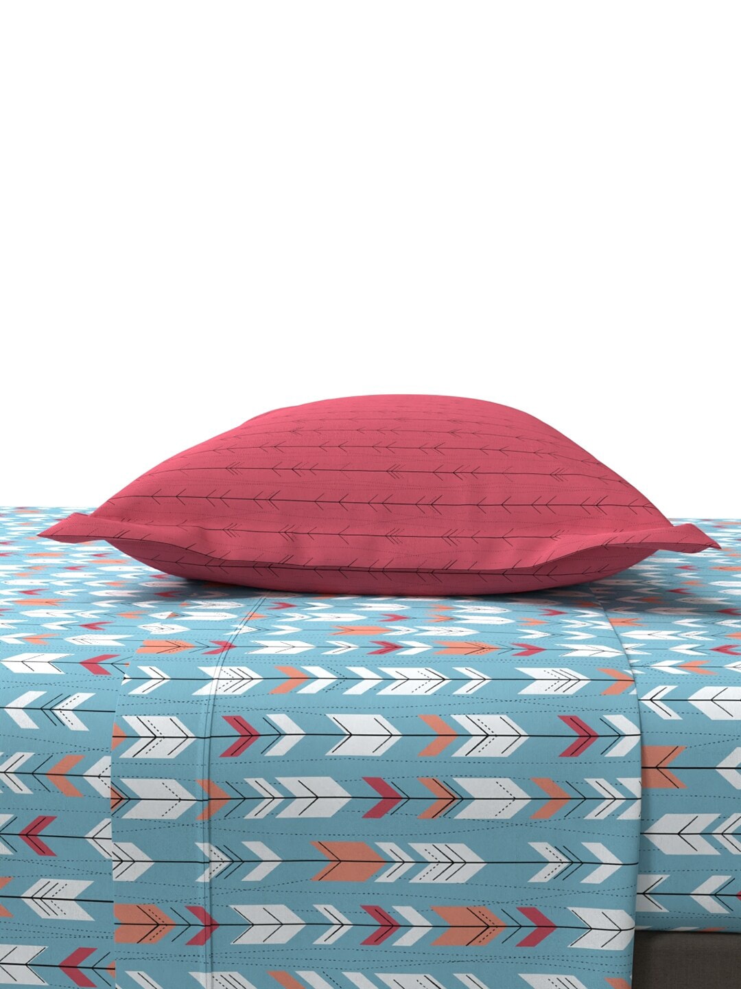 MYTRIDENT Blue White Geometric Cotton 144 TC Queen Bedsheet With 2 Pillow Covers