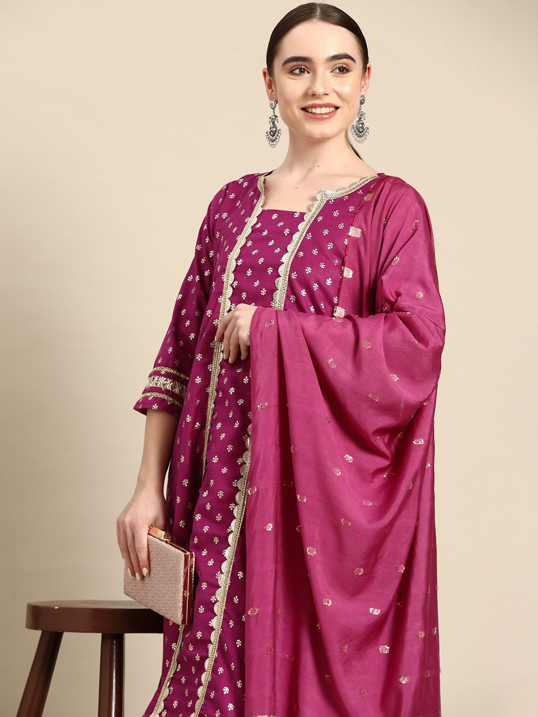 Sangria Ethnic Motifs Printed Gotta Patti Pure Cotton Kurta with Trousers & Dupatta