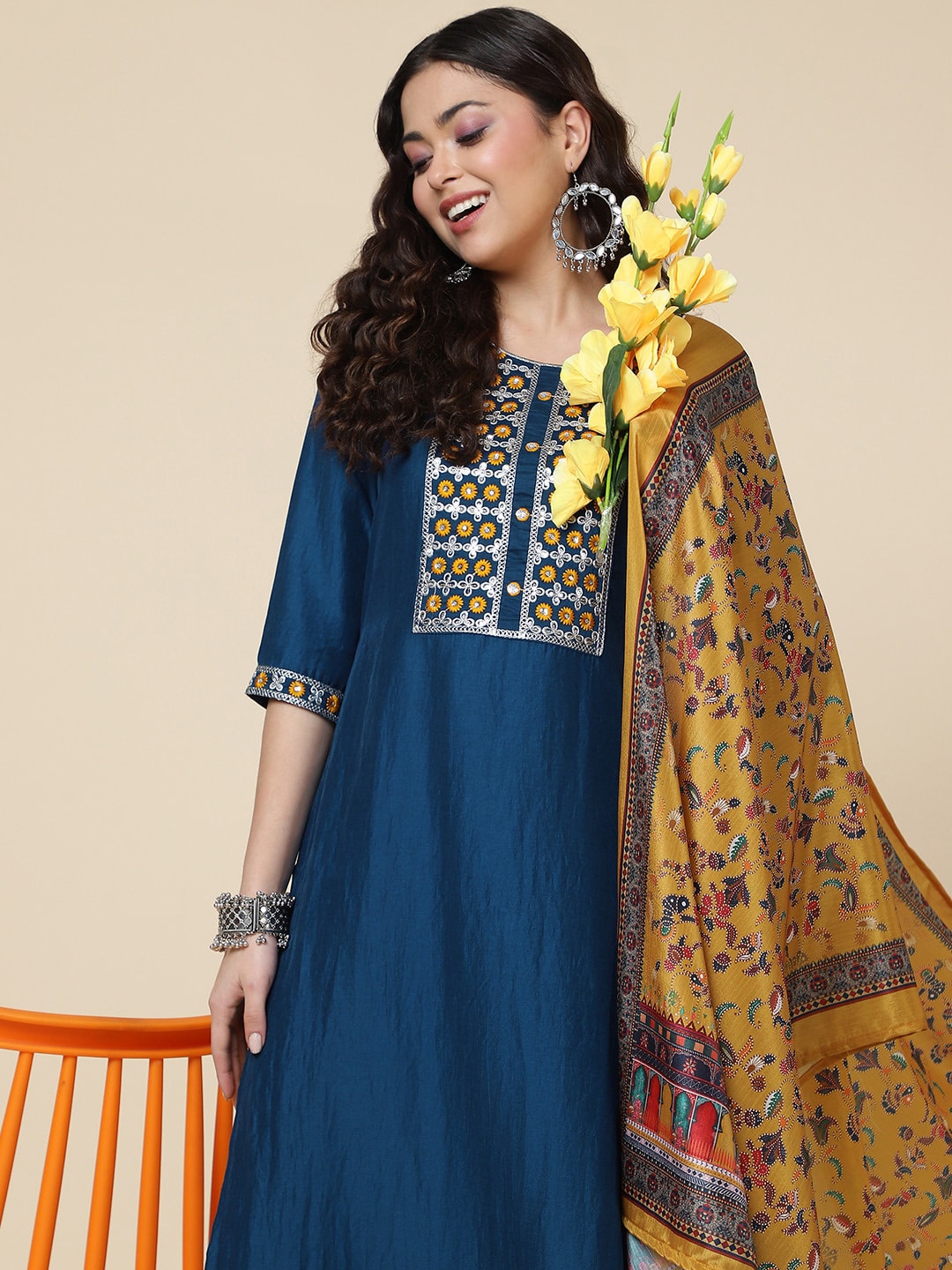 HERE&NOW Ethnic Motifs Embroidered Mirror Work Jute Silk Kurta with Trousers & Dupatta