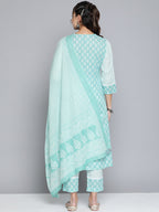 HERE&NOW Women Turquoise Blue Floral Printed Pure Cotton Kurta with Palazzos & With Dupatta