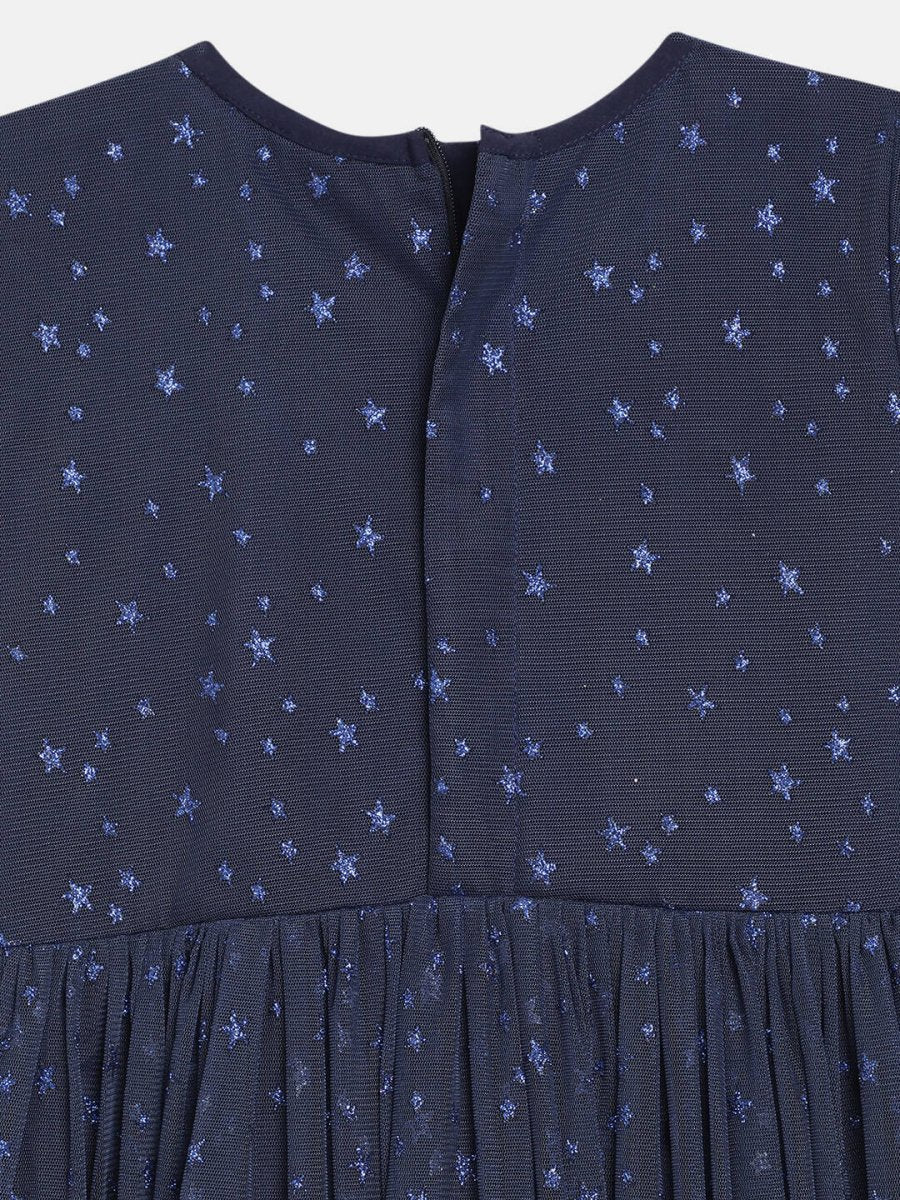 Ahalyaa Navy Blue Net Foil Print Kids Dress For Girls