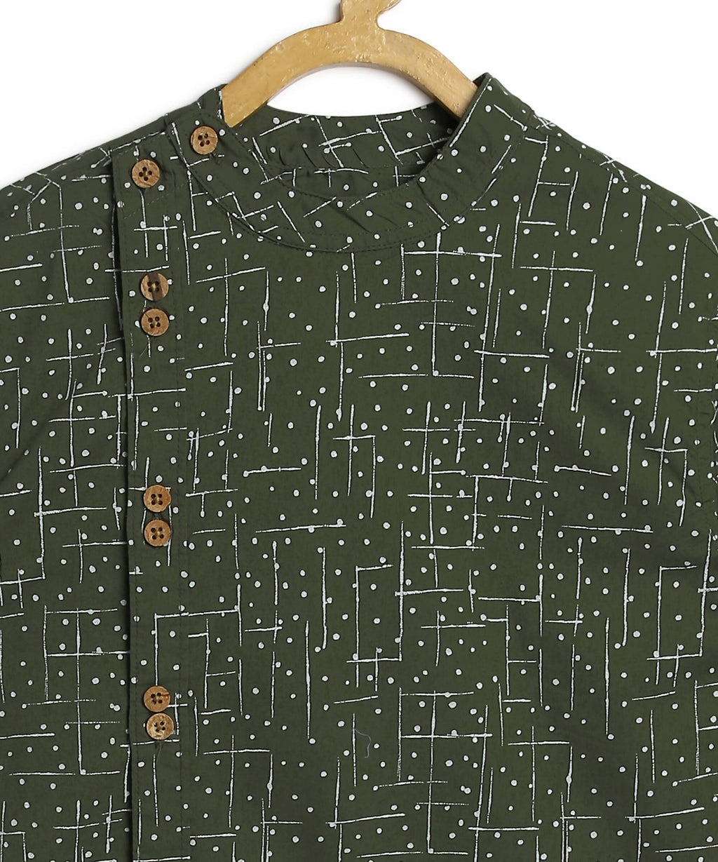 Manet Boys Full Sleeves Dot Printed Ethnic Shirt - Olive Green
