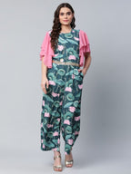 Ahalyaa Women's Dark Green Crepe Printed Jumpsuit