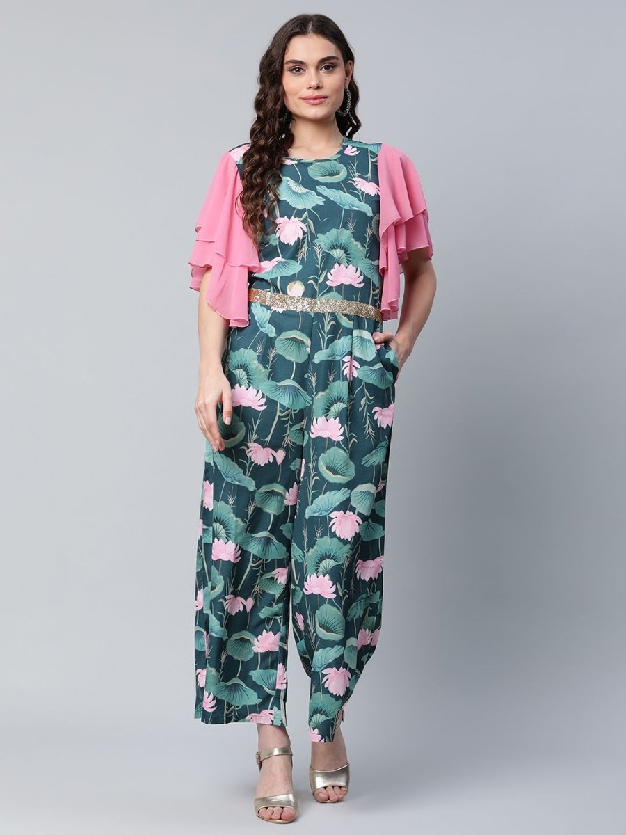 Ahalyaa Women's Dark Green Crepe Printed Jumpsuit
