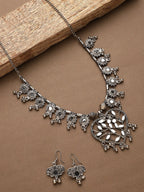 Cardinal Women Silver-Toned Oxidised Stone Studded & Beaded Heart Shaped Jewellery Set - Distacart