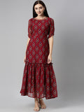 Souchii Maroon & Blue Ethnic Motifs Chiffon Maxi Dress - Distacart