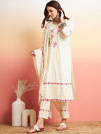 Sangria Pure Cotton Floral Embroidered Straight Kurta With Trousers & Dupatta