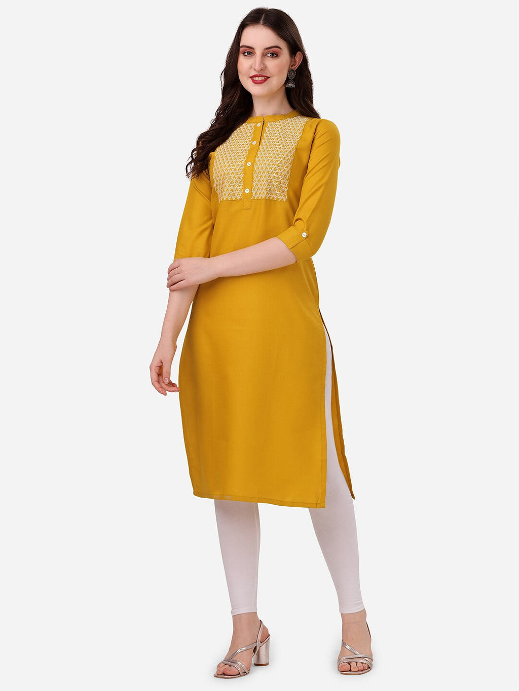 HERE&NOW Yoke Design Mandarin Collar Thread Work Cotton Kurta