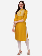 HERE&NOW Yoke Design Mandarin Collar Thread Work Cotton Kurta