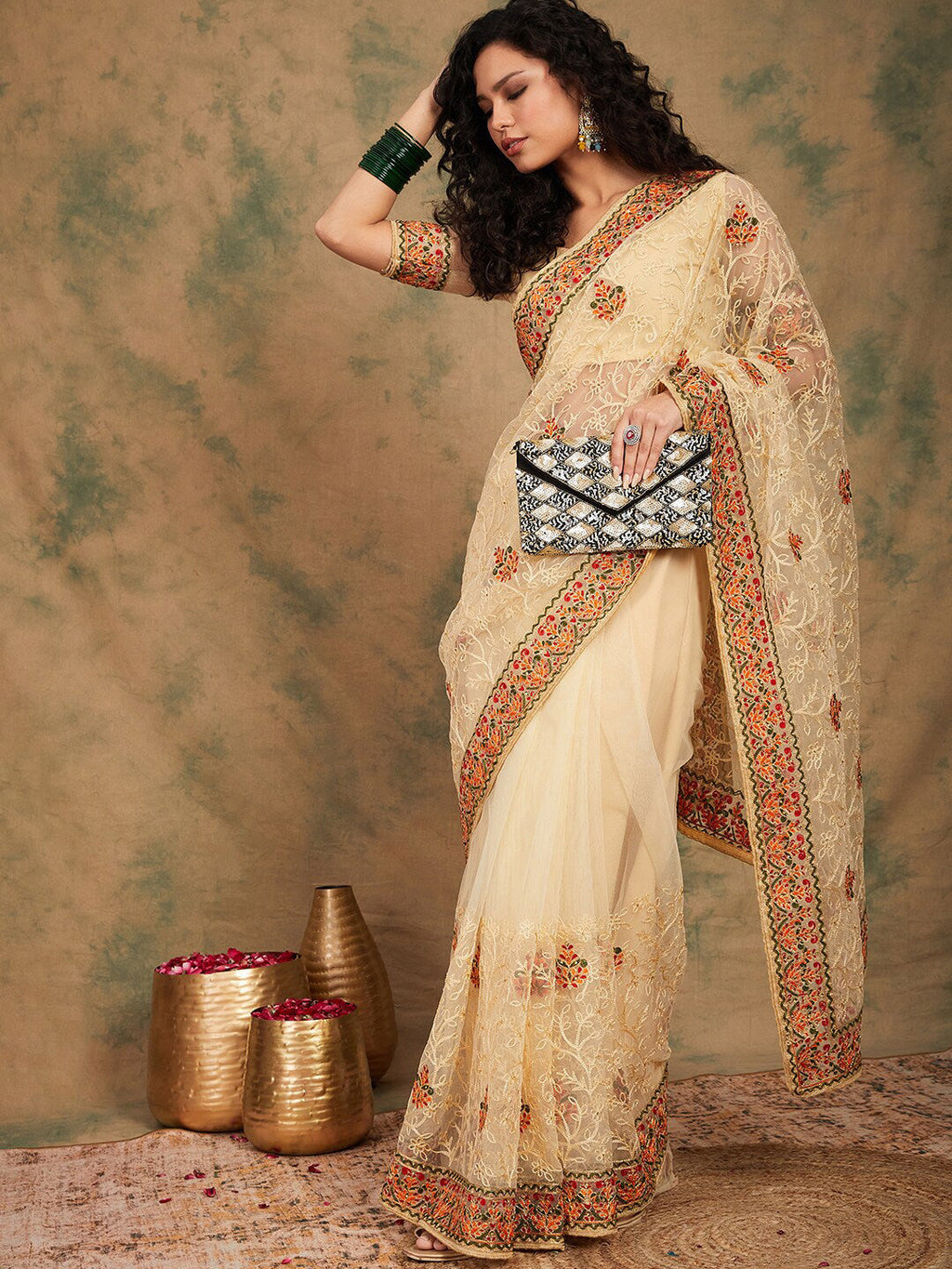 Sangria Yellow Beige Embroidered Net Sarees - Distacart