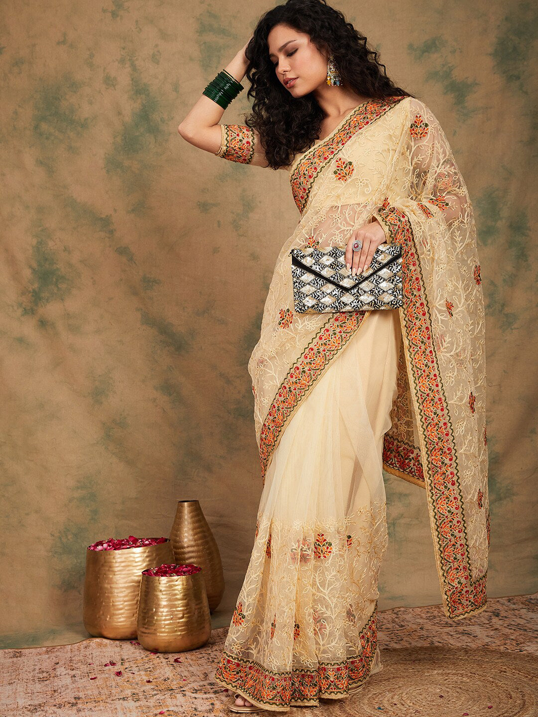 Sangria Yellow Beige Embroidered Net Sarees - Distacart