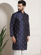 Sojanya Men Navy Blue & Golden Ethnic Motifs Printed Indigo Kurta