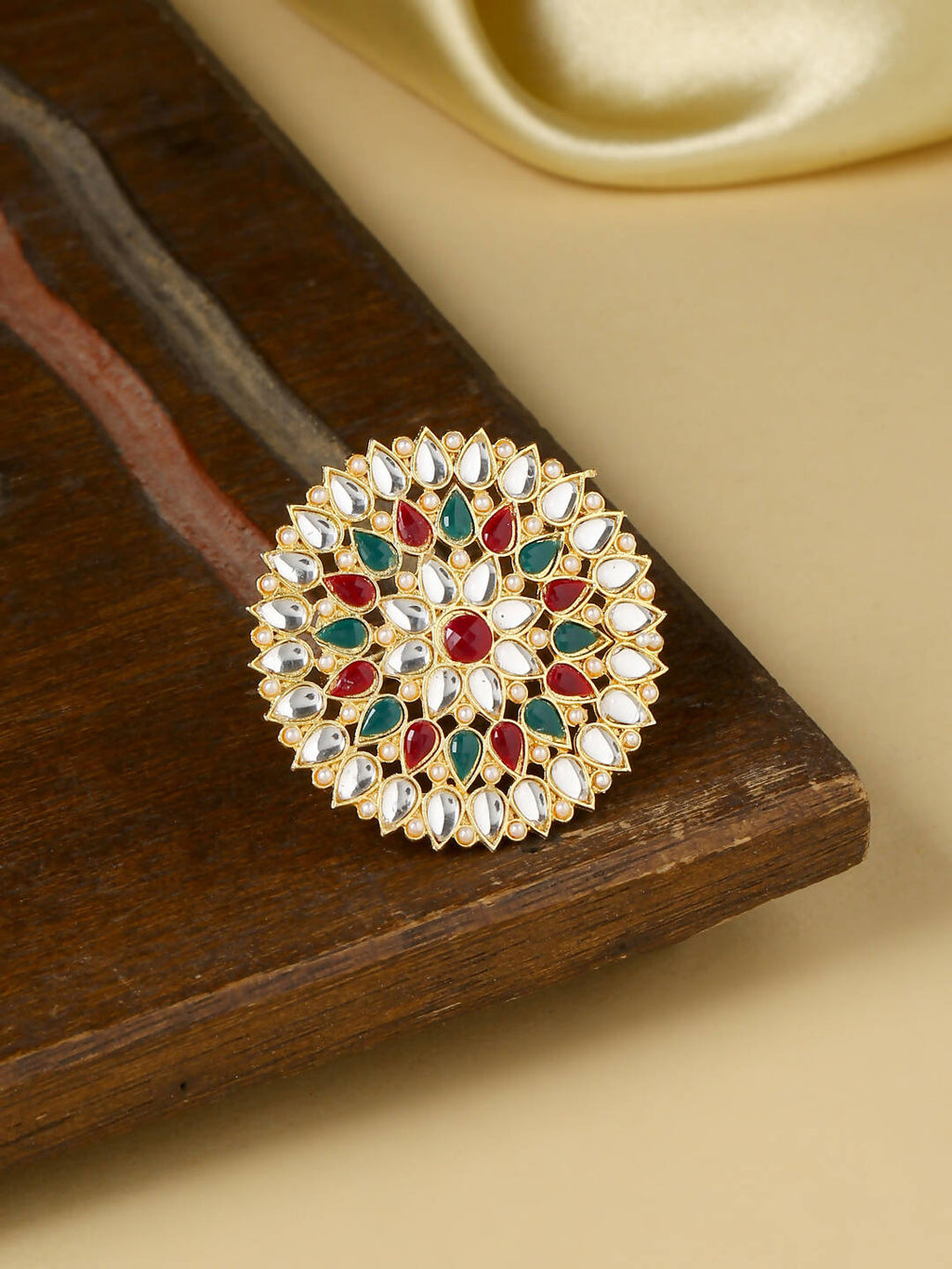 NVR Women's Traditional Ethnic Kundan Meenakari Gold-Polished Ajustable Finger Ring