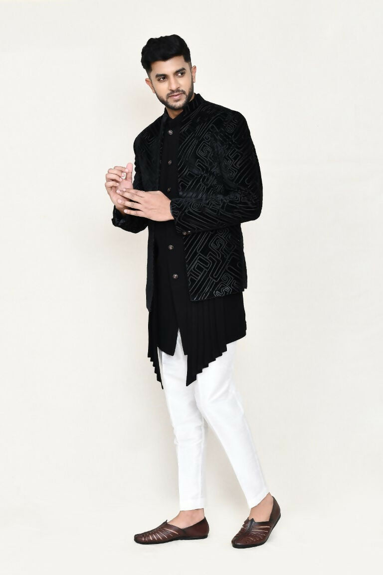 Joban Fashion Black Colored Velvet Based With Full Embroidered Fabric Open Jacket, Indo Western With Pant