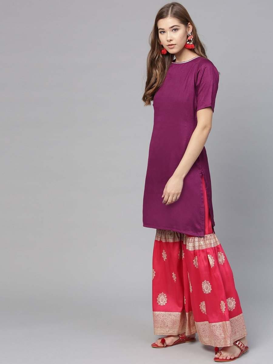 Ahalyaa Women's Purple Poly Silk Solid Kurta and Red Printed Sharara With Dupatta