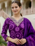 The52 Purple Women's Gorgeous Rayon Embroidered Straight Kurta with Pant And Dupatta Set - Distacart